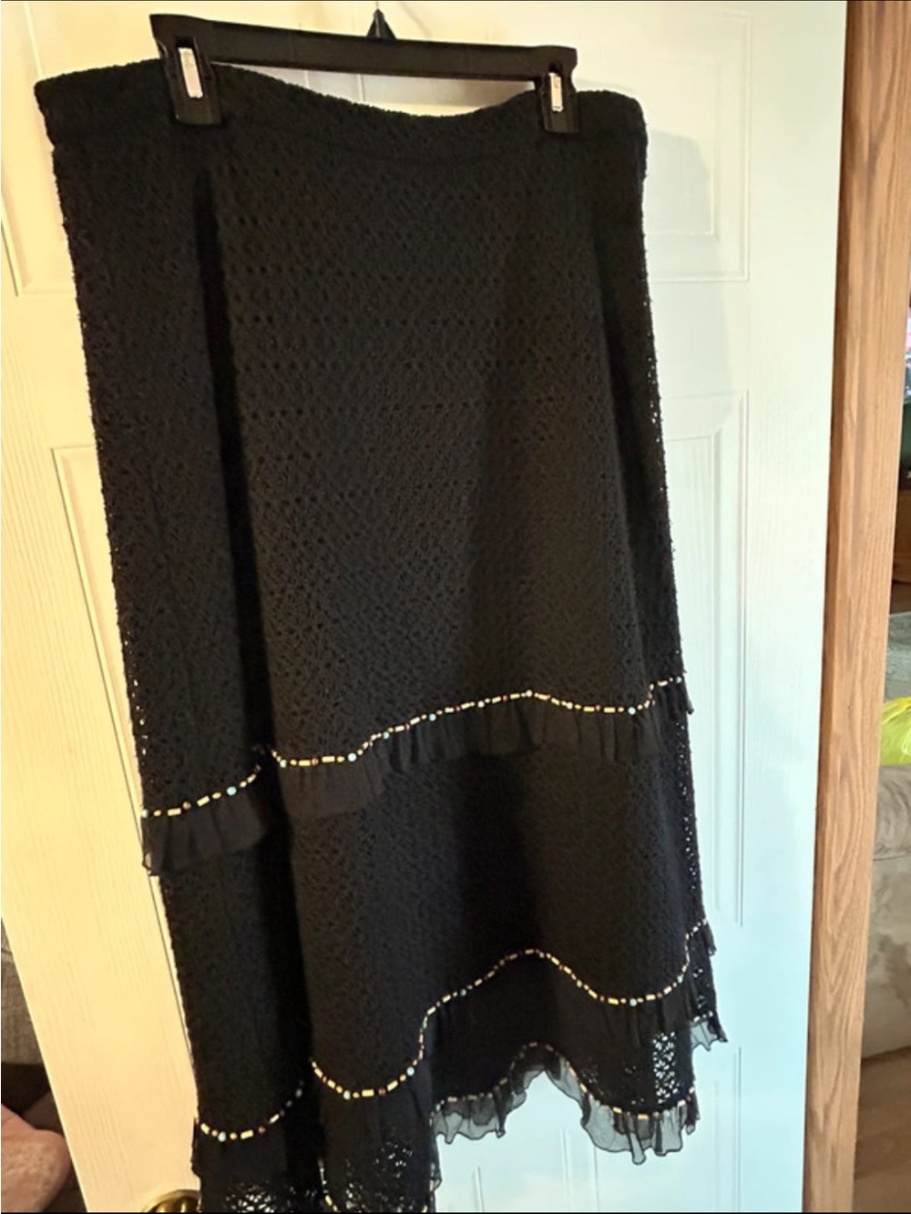 Spenser Jeremy Black Eyelet Maxi Skirt Size 16 / XL - Beaded Ruffle Hem - Lined